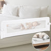 Foldable 60-inch baby bed guard rail in white with adjustable safety strap, providing safety for toddlers during sleep.