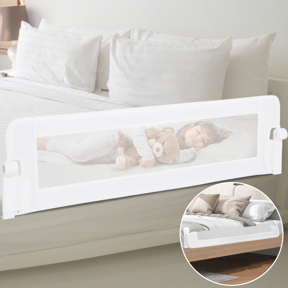 Foldable 60-inch baby bed guard rail in white with adjustable safety strap, providing safety for toddlers during sleep.