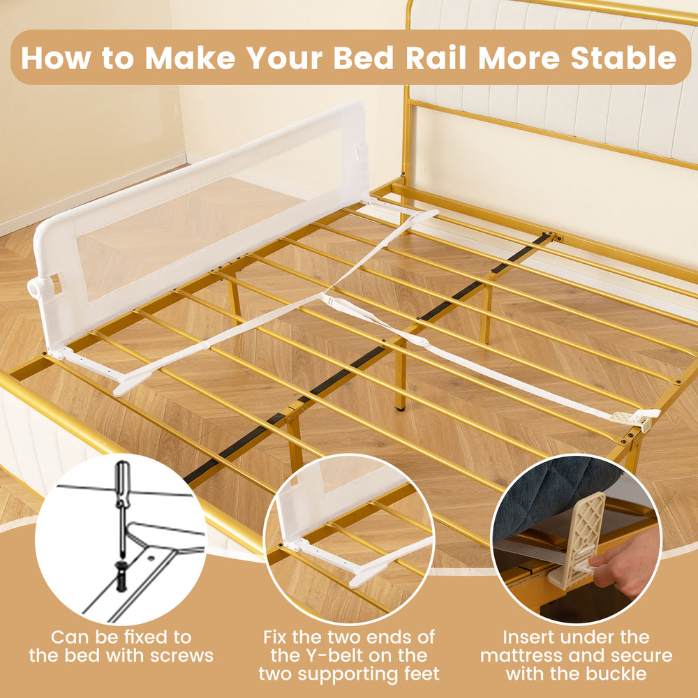 Foldable 60-inch baby bed guard rail with adjustable safety strap, T-shaped legs for stability, and soft padding for.