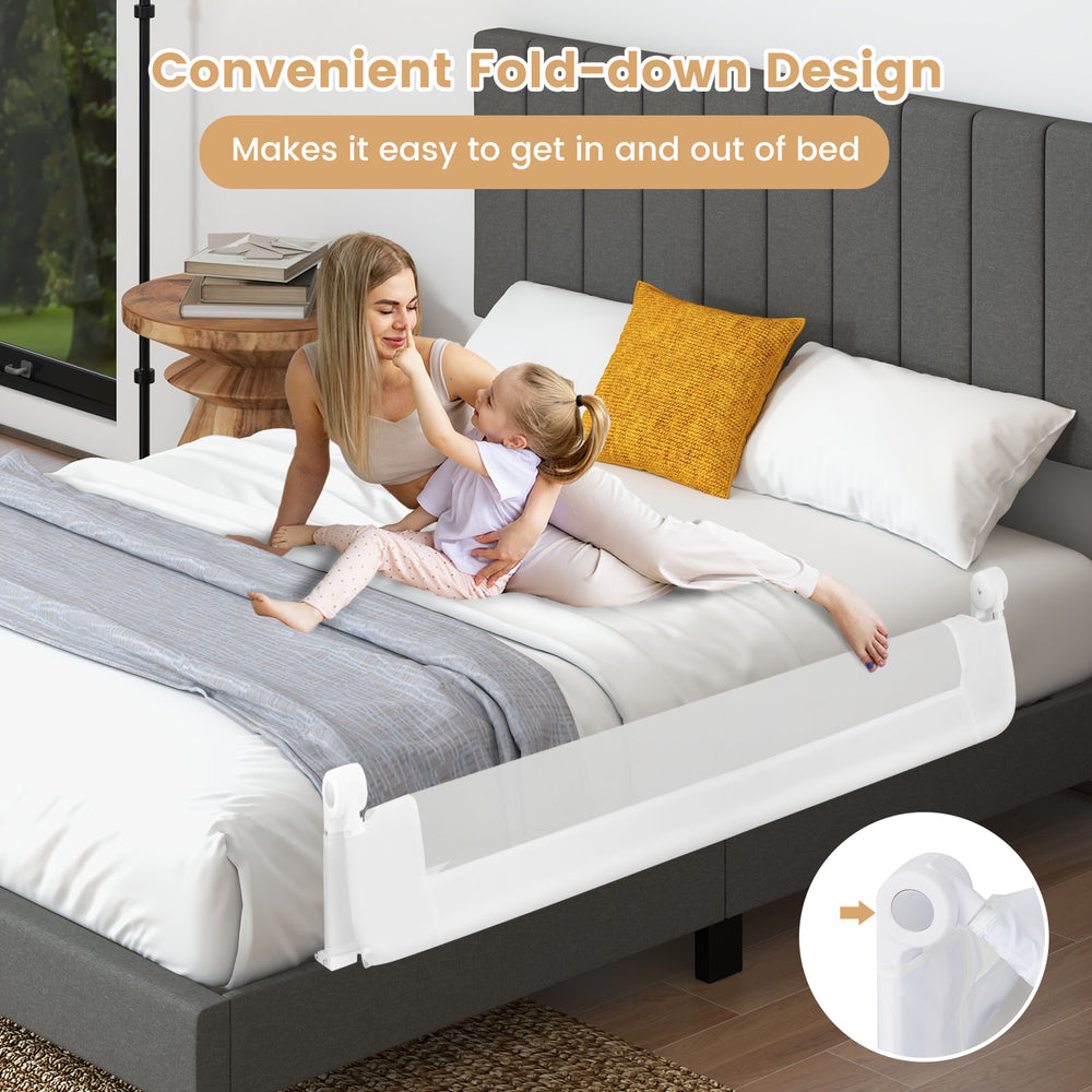 Foldable 60-inch bed rail in white with adjustable safety strap, providing easy access and toddler safety for beds.