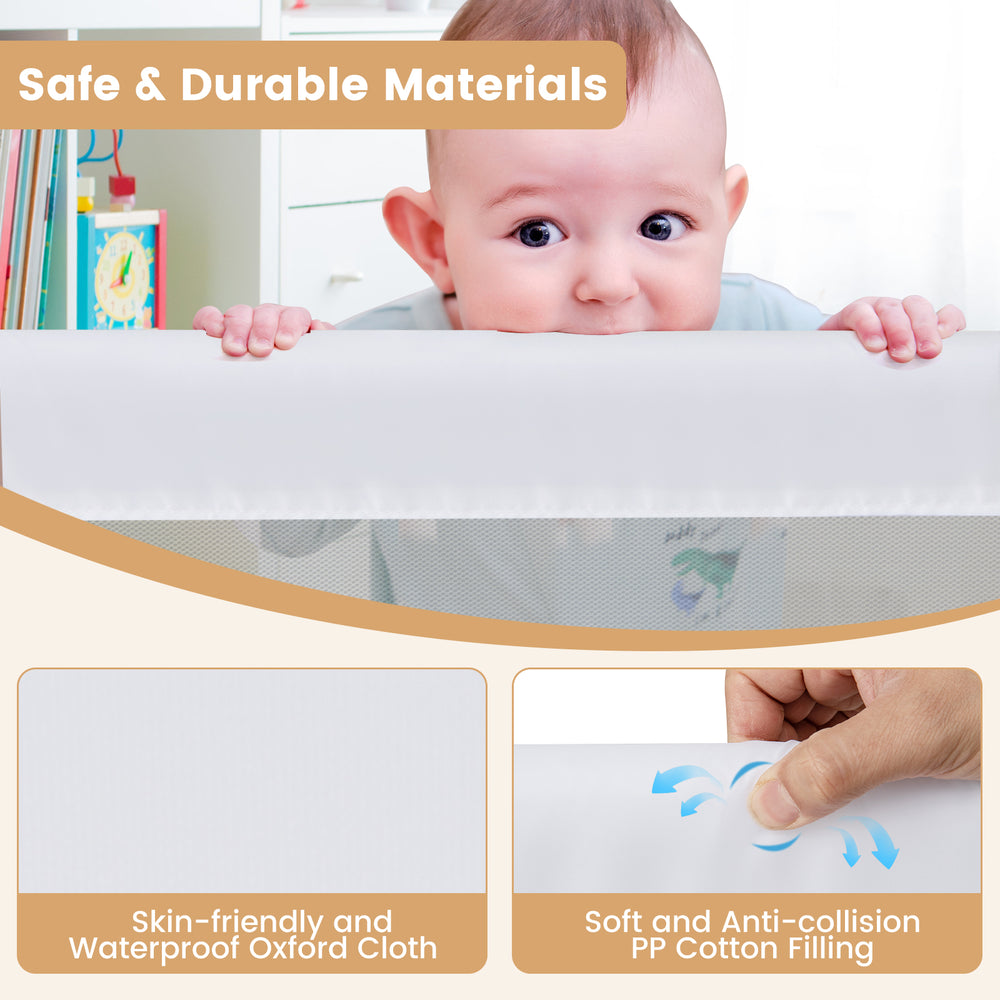 Foldable 60-inch baby bed guard rail in white with soft PP cotton padding and adjustable safety strap for toddler.