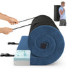 Foldable camping mattress rolled up with navy plush cover, featuring high-density foam and anti-slip bottom for.