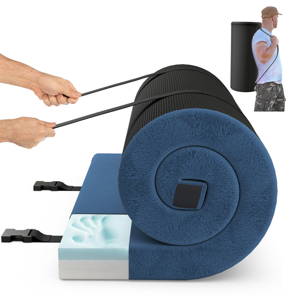 Foldable camping mattress rolled up with navy plush cover, featuring high-density foam and anti-slip bottom for.
