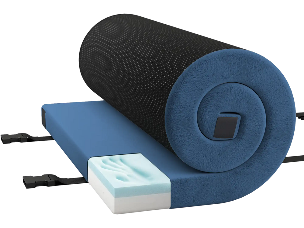 Foldable camping mattress with navy plush cover, high-density foam, and anti-slip bottom, ideal for outdoor adventures.
