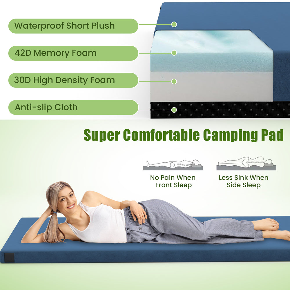 Foldable camping mattress with waterproof plush cover, 42D memory foam, and anti-slip bottom for comfortable outdoor.