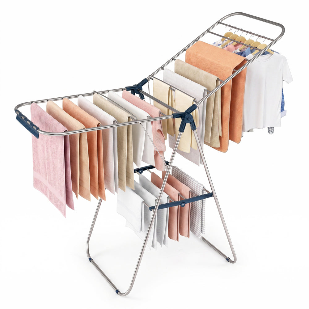 Foldable Clothes Drying Rack with Sock Clips Heavy-Duty Stainless Steel Frame-Blue - Gallery View 1 of 2