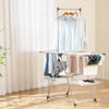 Large foldable clothes drying rack with adjustable height, featuring a tall hanging bar and stable triangular structure.