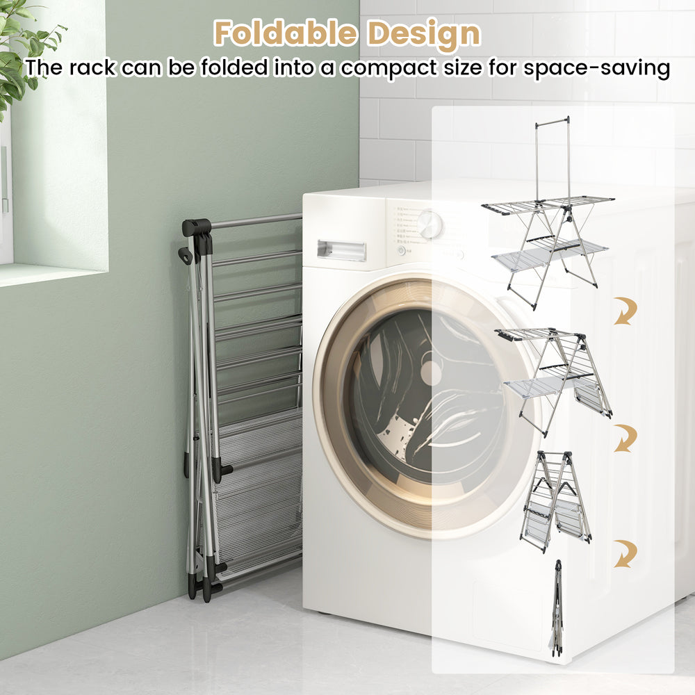 Large foldable clothes drying rack with high-density netting cloth and practical sock clips, designed for stable indoor.