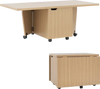 Foldable coffee table with storage cabinet in oak, featuring a compact design and rolling wheels for easy mobility.