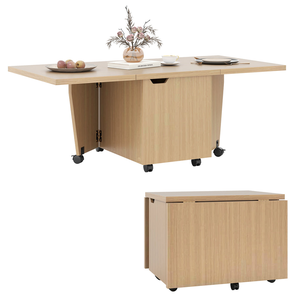 Foldable coffee table in oak with storage cabinet, featuring wheels for easy mobility and a compact design for.