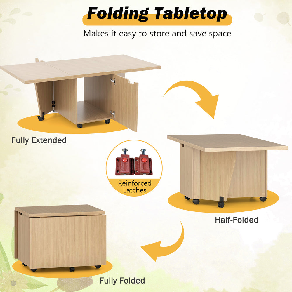 Foldable coffee table in oak with storage cabinet, shown fully extended for versatile use and space-saving design.