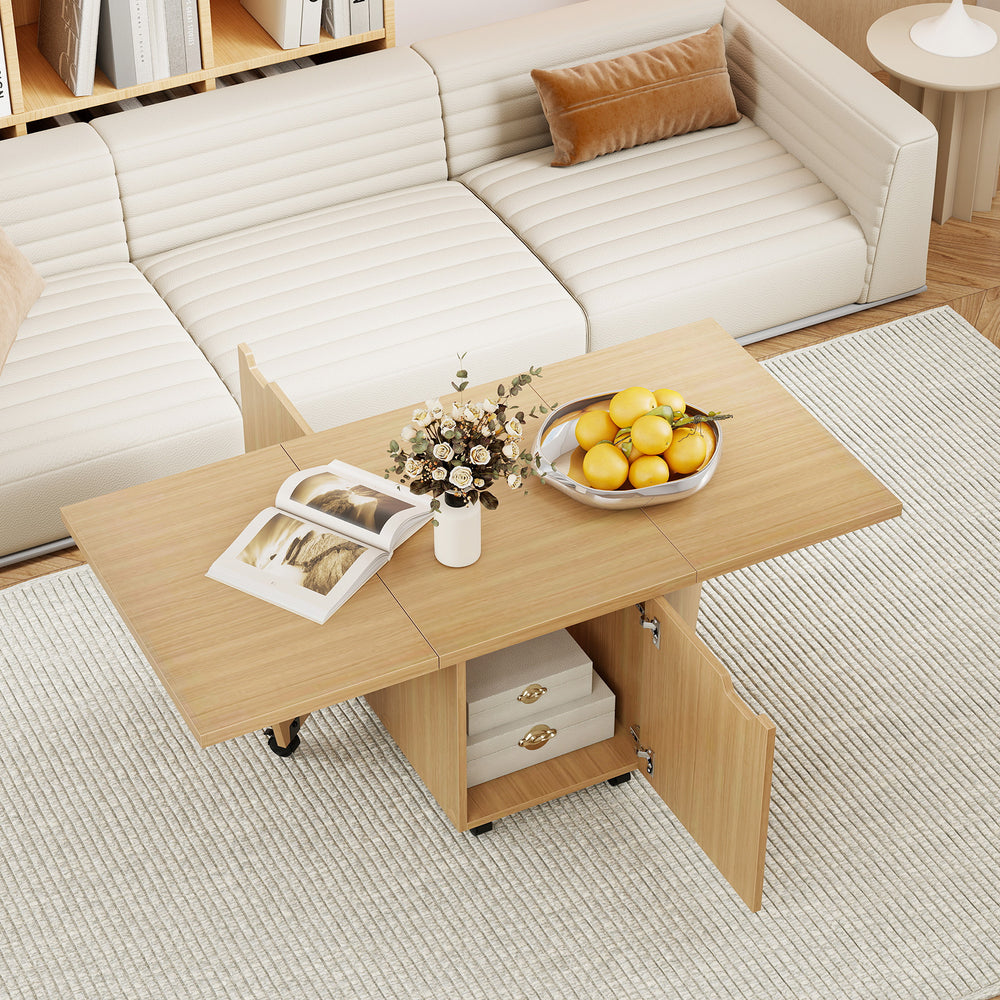 Foldable coffee table in oak with storage cabinet, featuring a rolling design and compact size for space-saving use.