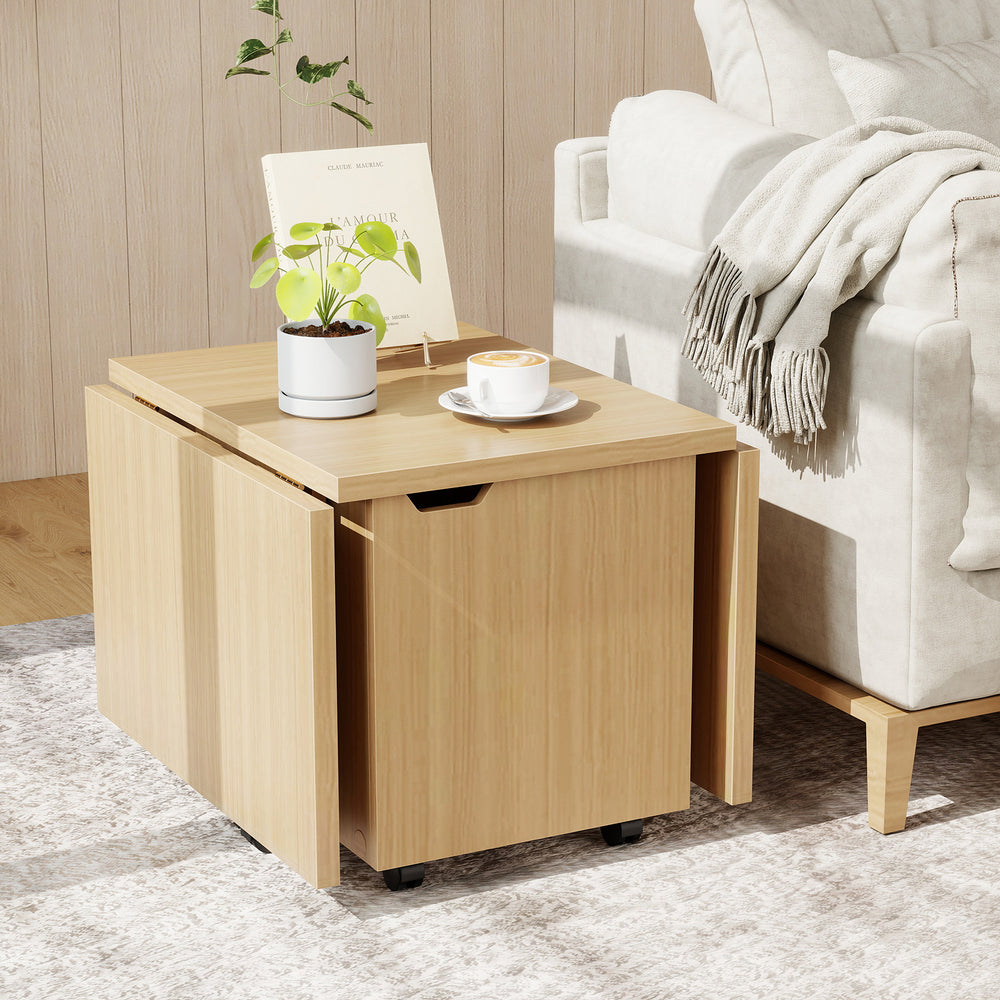 Foldable coffee table in oak with storage cabinet, featuring a quick-folding tabletop and wheels for easy mobility.