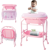 Foldable pink diaper changing table on wheels with bathtub, shown with baby and storage shelf for nursery care.