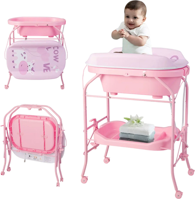 Costway Foldable Baby Diaper Changing Table w/ Bathtub on Wheels 56684843 New