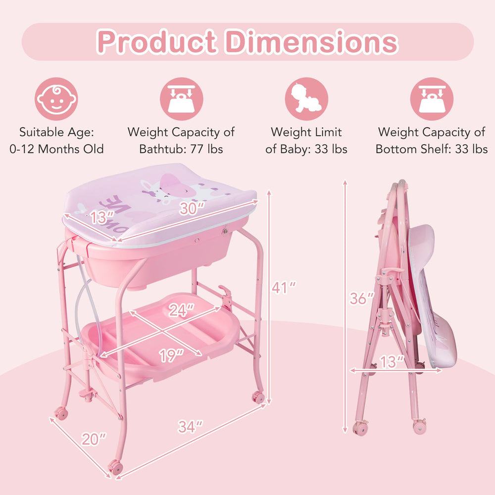 Foldable pink diaper changing table with bathtub shown folded, with 41-inch height and wheels for nursery use.