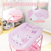 Foldable pink diaper changing table with bathtub on wheels, shown with waterproof changing pad and storage shelf.