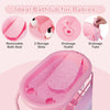 Pink foldable diaper changing table with bathtub on wheels, shown with removable bath seat and drainage tube for infants.