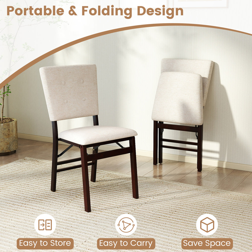 Foldable beige dining chair with padded seat and tilt backrest, perfect for easy storage and portability.