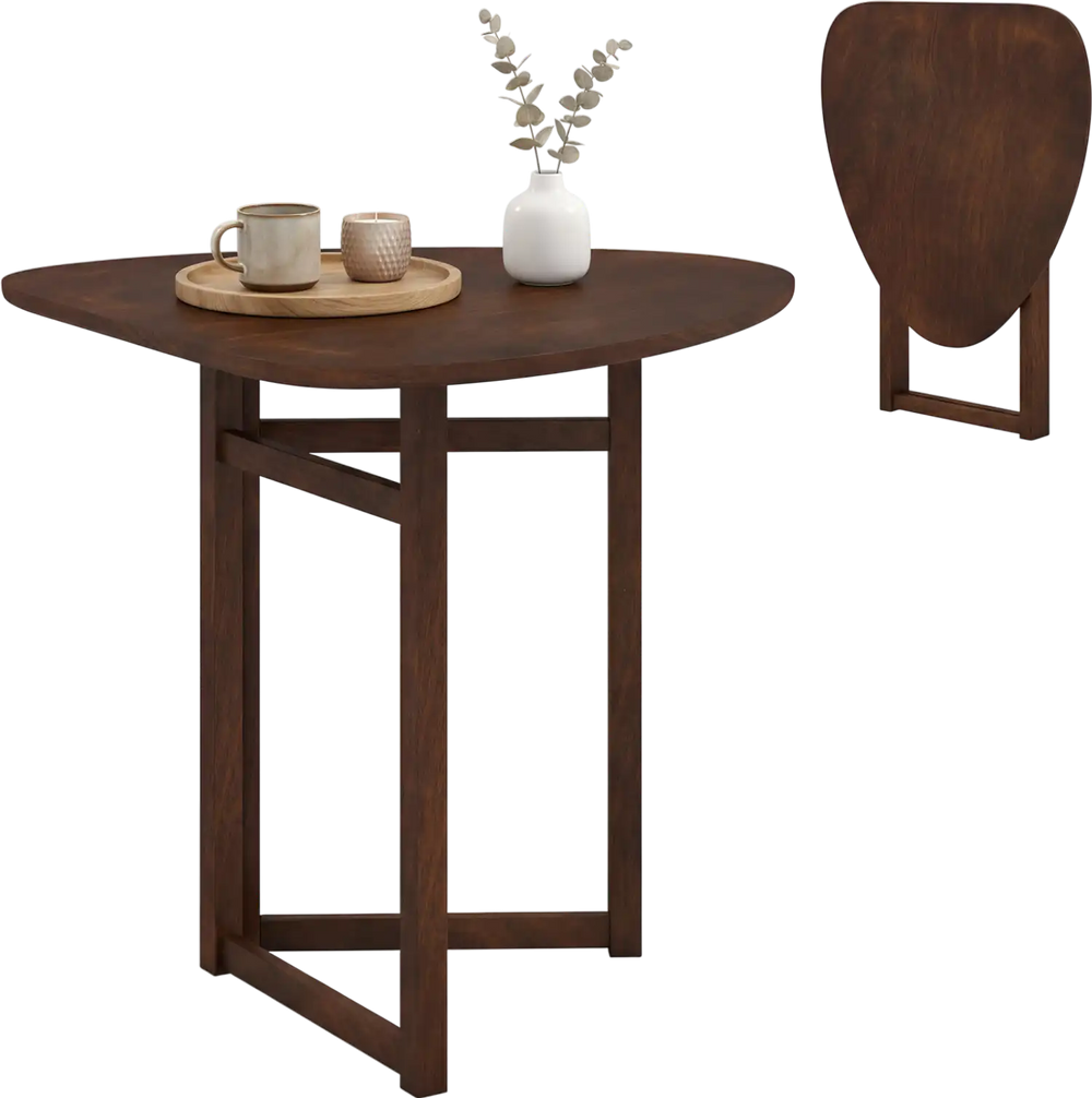 Foldable triangular dining table with walnut finish, perfect for small spaces and daily meals for two.