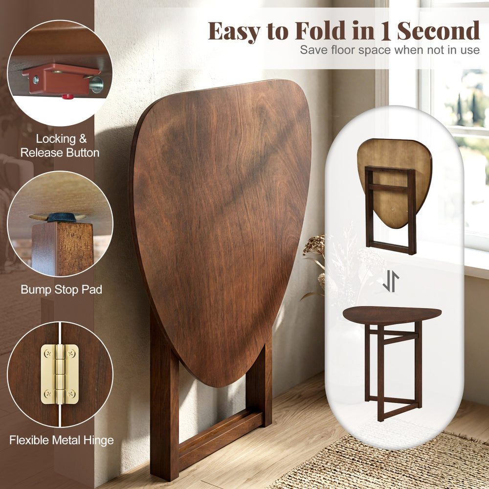Foldable triangular dining table in walnut finish, 31.5" size, perfect for small kitchens and space-saving solutions.