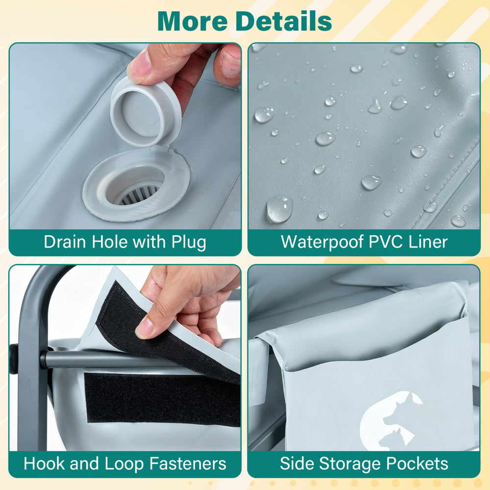 Foldable dog bath cart in gray features a waterproof PVC liner, adjustable height, and side storage pockets for pet items.