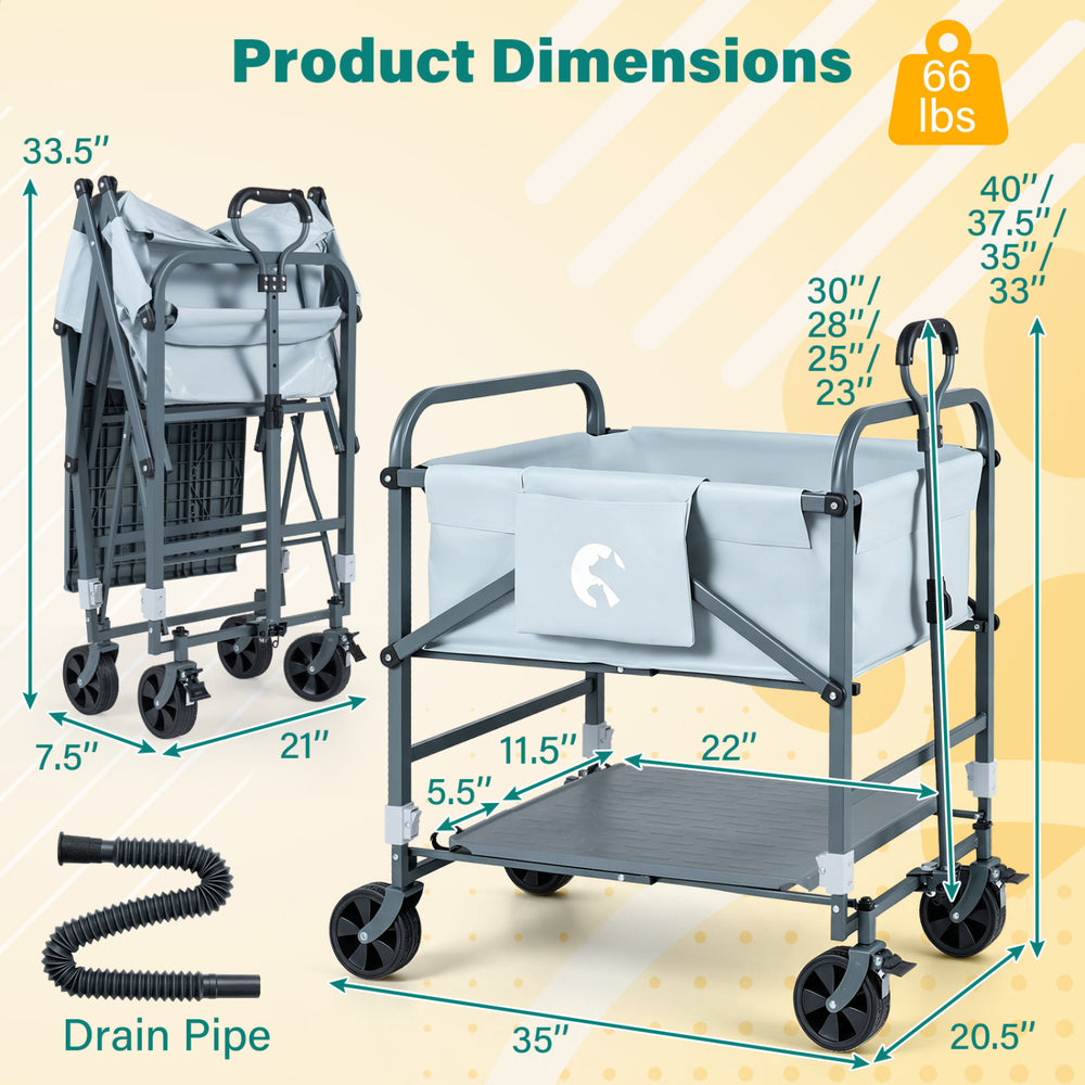 Foldable dog bath cart in gray features adjustable height, 4 wheels for mobility, and multifunctional storage for pets.