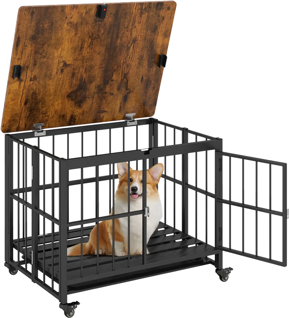 Foldable dog crate furniture with removable tray, lockable door, and wood-like top for easy feeding and interaction.