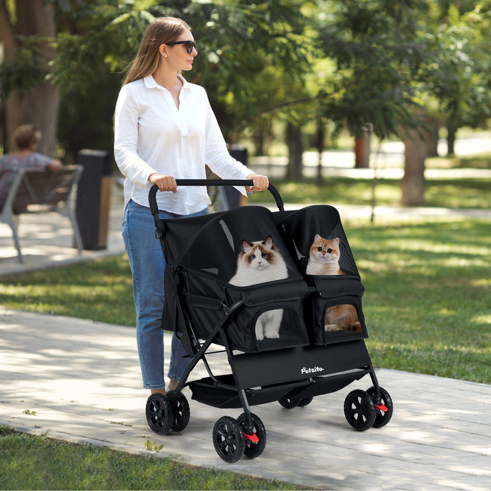 Foldable Double Pet Stroller with Adjustable Sunshade and Storage Basket-Black - Gallery View 1 of 10