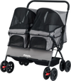 Side view of the foldable double pet stroller in gray, showcasing its breathable mesh, zippered doors, and comfortable.