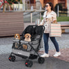 Foldable double pet stroller in gray with adjustable sunshade, ideal for transporting multiple pets comfortably.