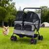 Foldable double pet stroller in gray showing adjustable sunshade and four side pockets for easy access to essentials.