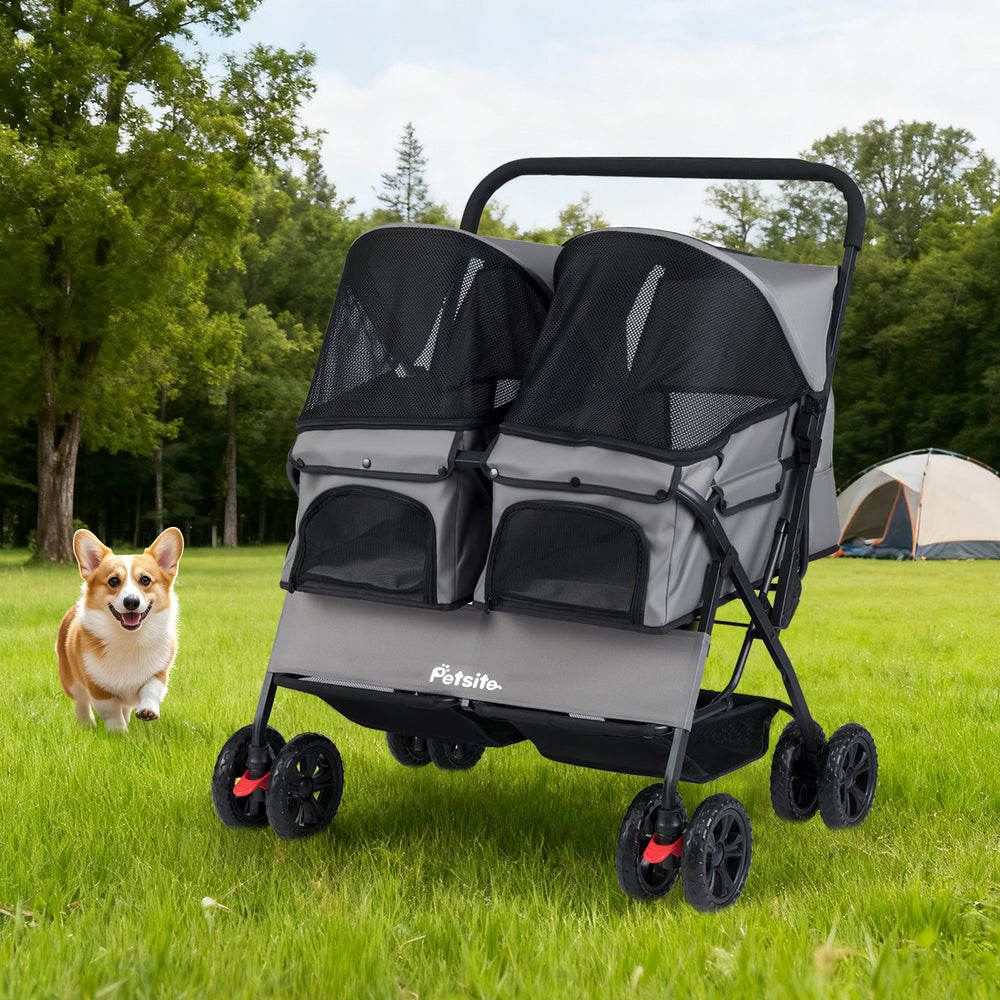 Foldable double pet stroller in gray showing adjustable sunshade and four side pockets for easy access to essentials.