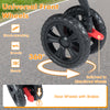 Close-up of the universal front wheels of a foldable double pet stroller, featuring 360° rotation and shock-absorbing.