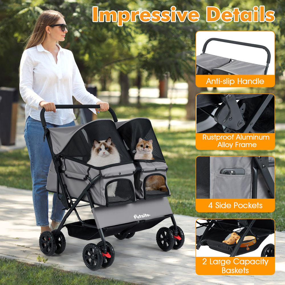Foldable double pet stroller in gray with adjustable sunshade, safety leash, and large storage baskets for multiple.