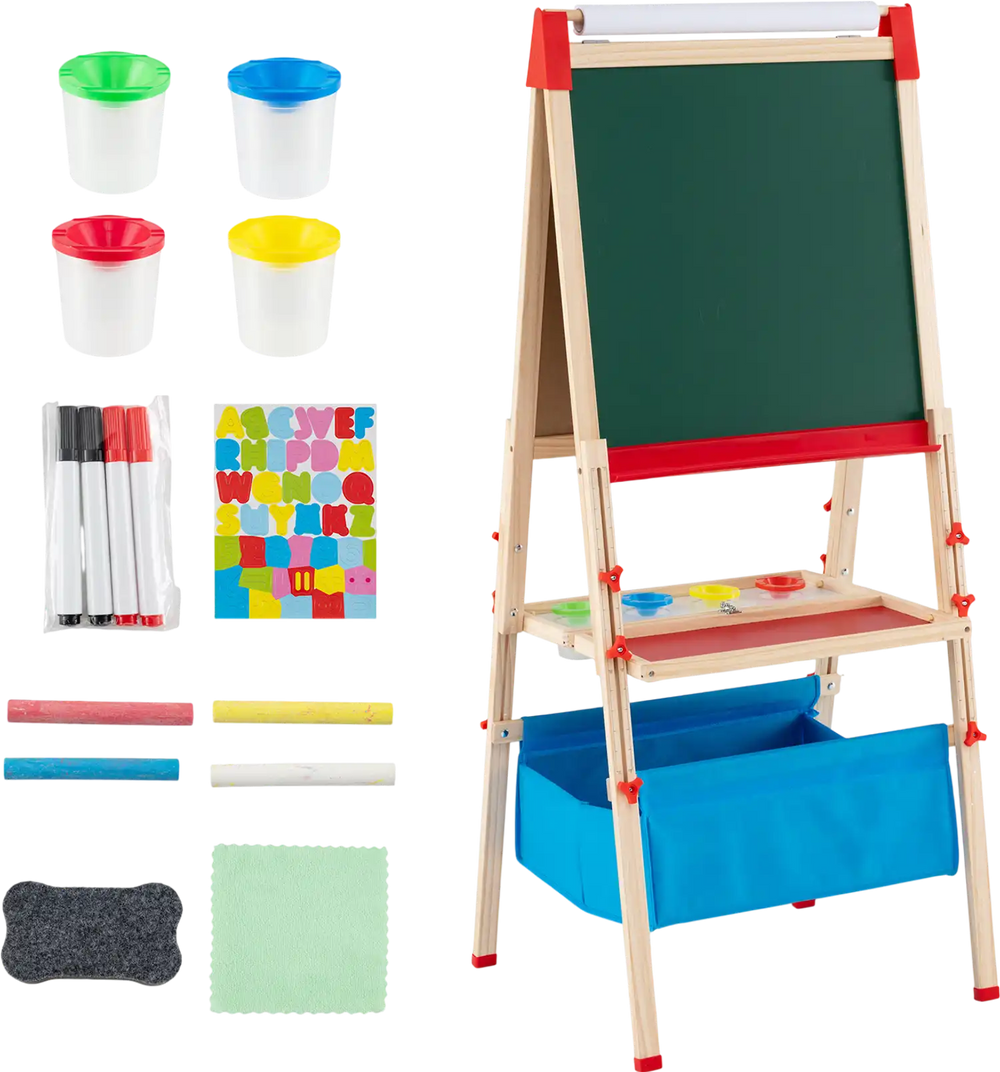 Foldable double-sided easel with magnetic chalkboard, storage trays, and paint cups for kids' creative activities.