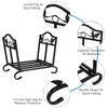 Foldable firewood log rack with elegant leaf pattern, sturdy steel frame, and 2.5-inch legs for moisture protection.