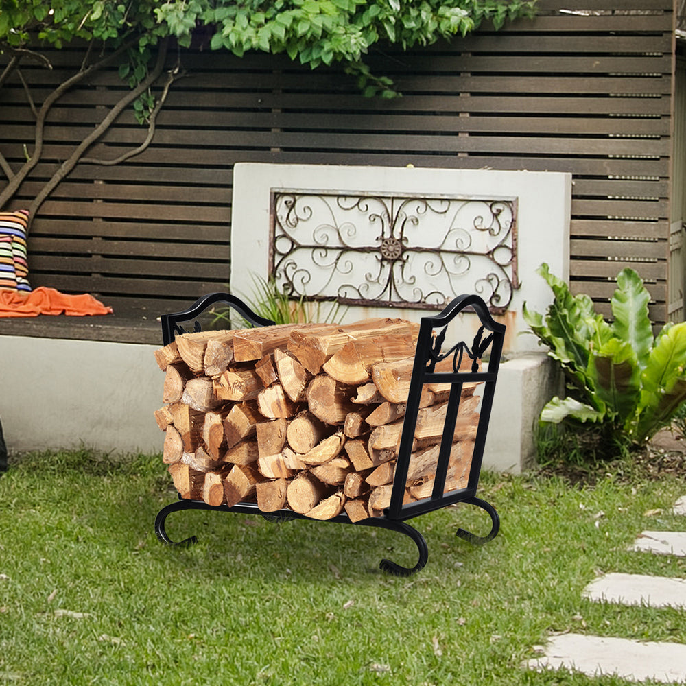 Foldable firewood log rack with a sturdy steel frame and elegant arch-shaped feet, perfect for outdoor wood storage.