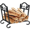 Foldable firewood log rack with leaf pattern design, sturdy steel frame, and elegant arch-shaped feet for indoor or.