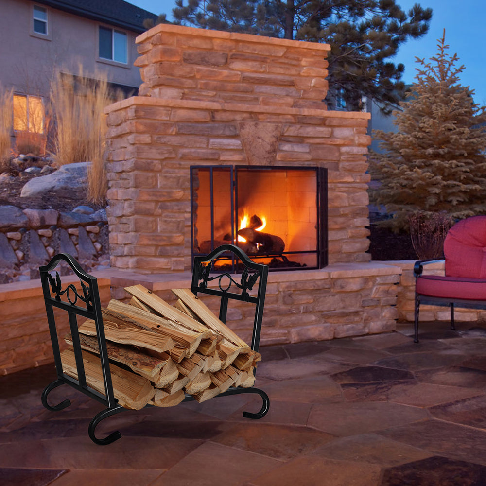 Foldable firewood log rack with steel frame, featuring a leaf pattern design, ideal for outdoor use by the fireplace.
