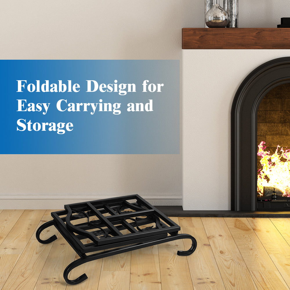 Foldable firewood log rack with a steel frame, leaf pattern design, and arch-shaped feet for indoor or outdoor use.