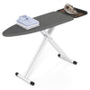 Foldable full-size ironing board with a heat-resistant surface, adjustable height, and sturdy iron rest for convenient use.