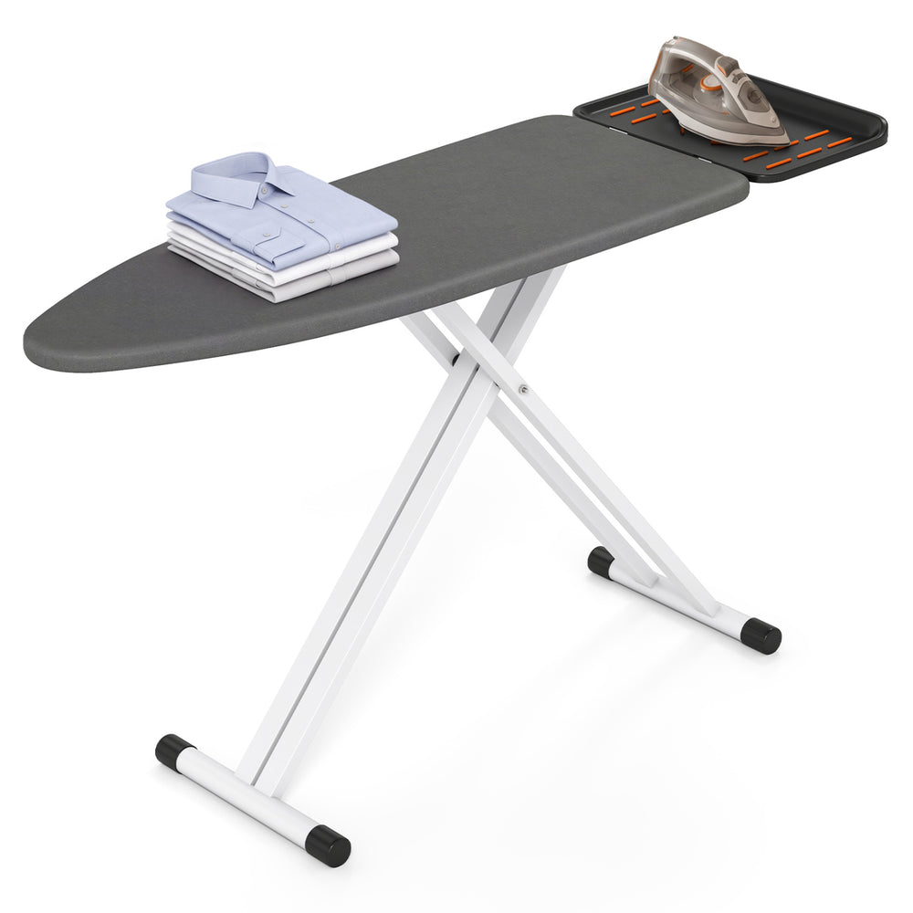 Foldable full-size ironing board with a heat-resistant surface, adjustable height, and sturdy iron rest for convenient use.