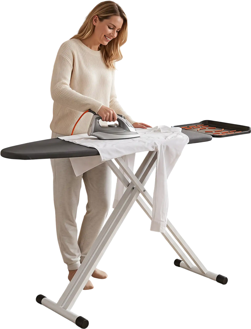 Foldable full-size ironing board with a heat-resistant surface and adjustable height for comfortable ironing in small spaces.