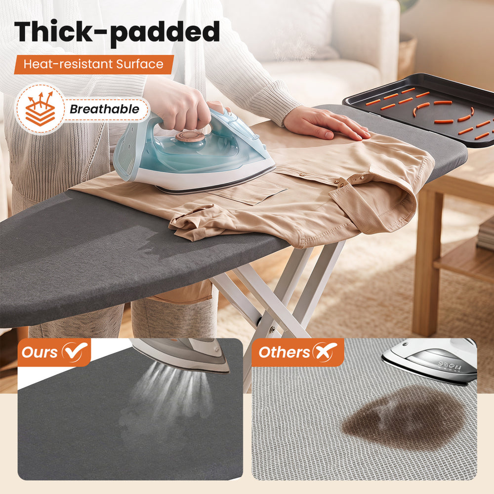 Foldable full-size ironing board with thick-padded heat-resistant surface and stable frame, ideal for comfortable ironing.