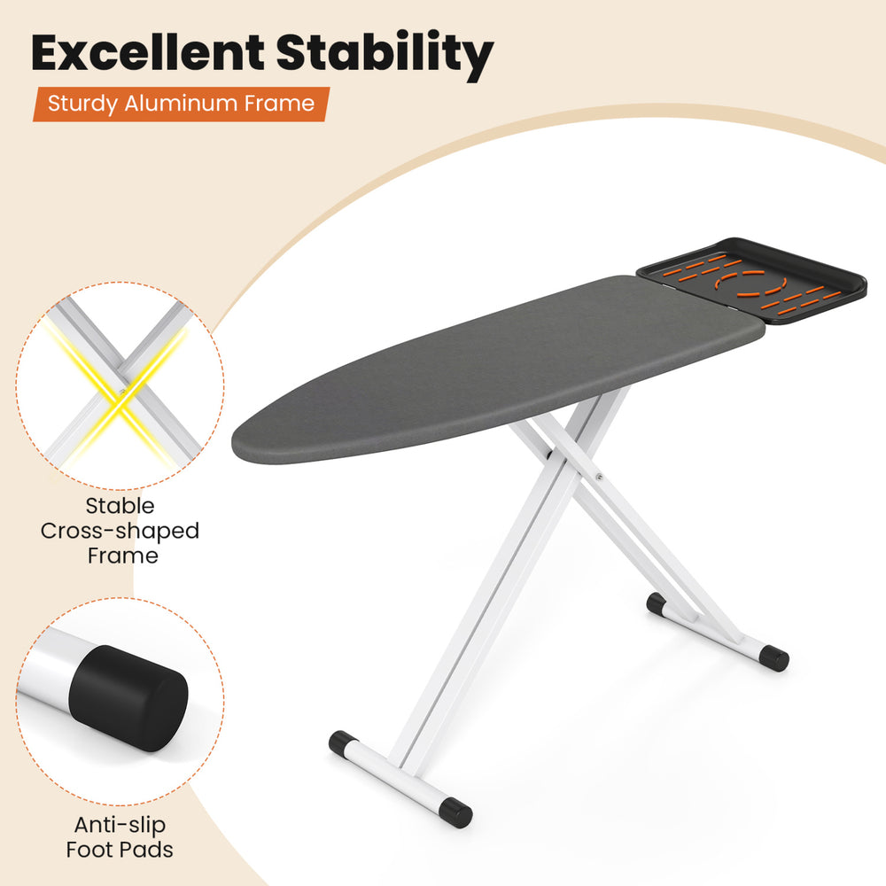 Foldable full-size ironing board with a thick-padded heat-resistant surface and stable aluminum frame for excellent stability.