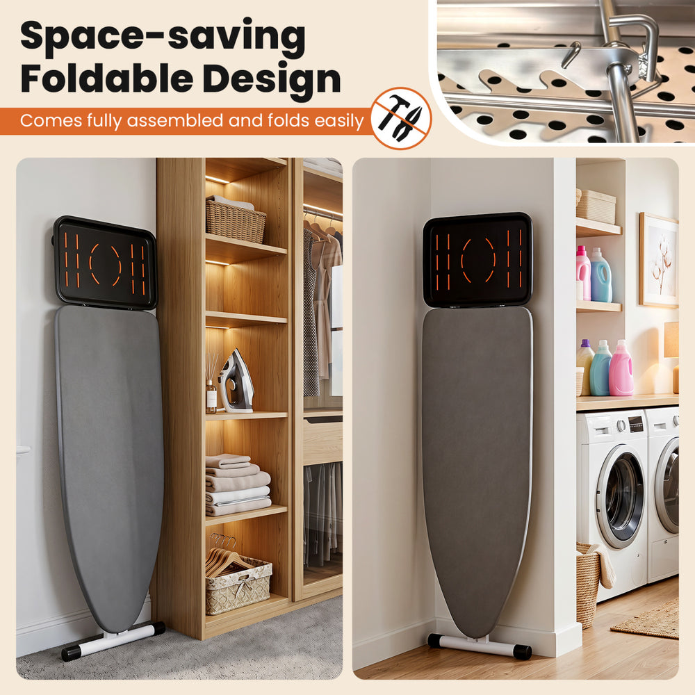 Foldable full-size ironing board with heat-resistant surface and stable frame, ideal for small spaces and easy storage.