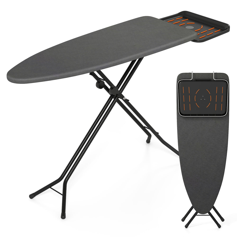 Collapsible ironing board with breathable fabric and padded heat-resistant surface, perfect for small laundry spaces.