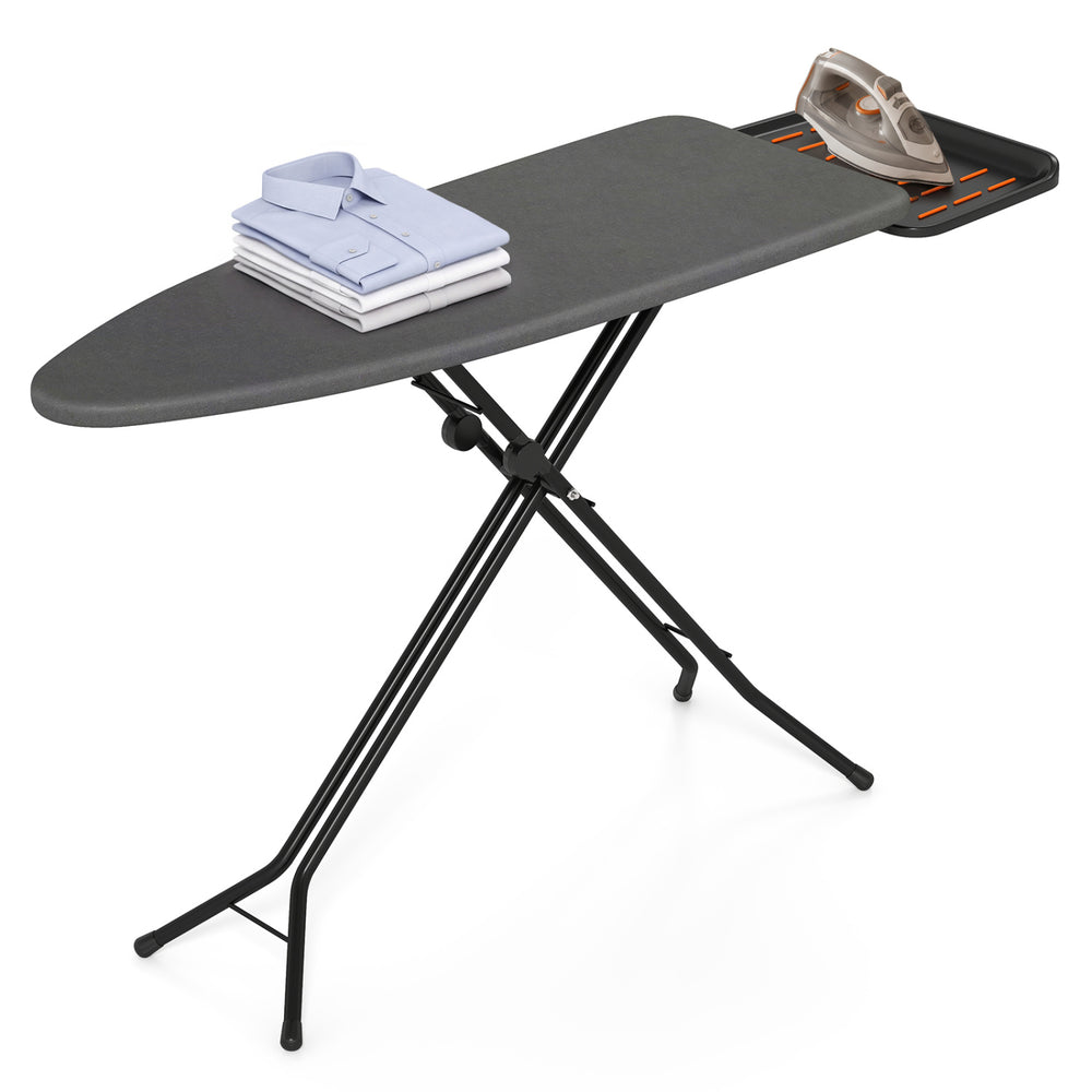 Foldable full-size ironing board with heat-resistant surface, adjustable height, and collapsible iron rest for laundry rooms.