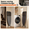 Foldable full-size ironing board with collapsible iron rest, featuring a heat-resistant surface and space-saving design.